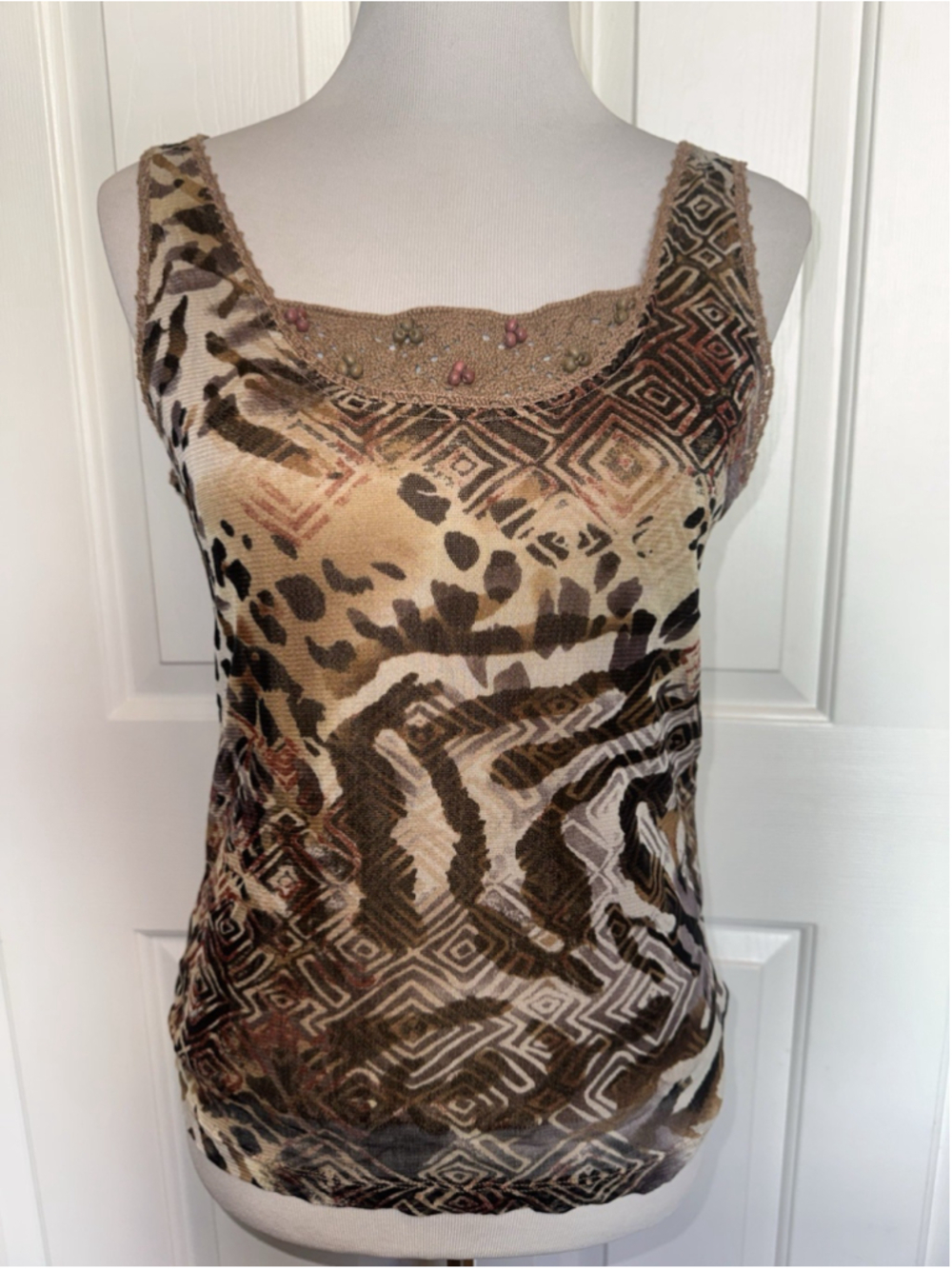 Vintage Y2K 100% Silk Mesh Tank Top Animal Print Beaded Indie Sleaze Large